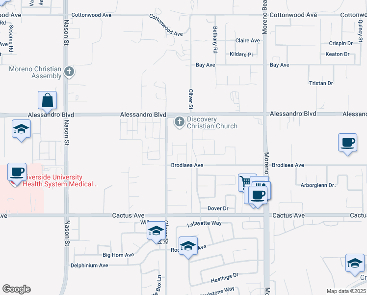 map of restaurants, bars, coffee shops, grocery stores, and more near 27573 Constance Avenue in Moreno Valley