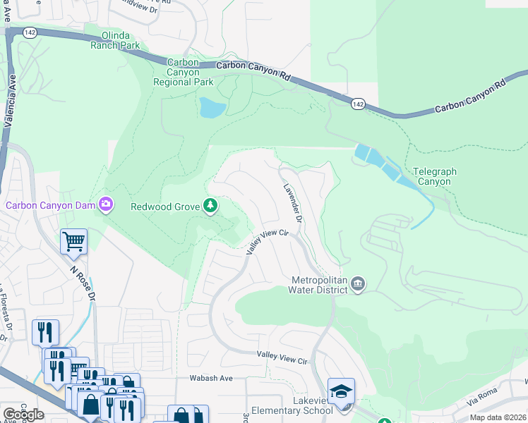 map of restaurants, bars, coffee shops, grocery stores, and more near 3316 Red Pine Road in Yorba Linda
