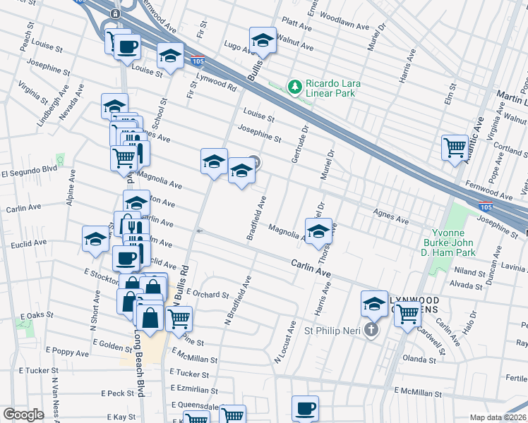 map of restaurants, bars, coffee shops, grocery stores, and more near 12134 Bradfield Avenue in Lynwood