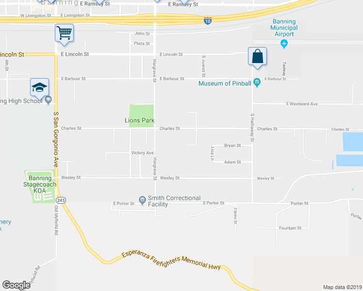 map of restaurants, bars, coffee shops, grocery stores, and more near 1072 Driftwood Circle in Banning