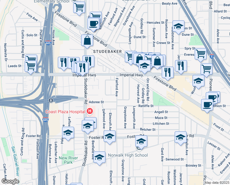 map of restaurants, bars, coffee shops, grocery stores, and more near 12731 Fairford Avenue in Norwalk