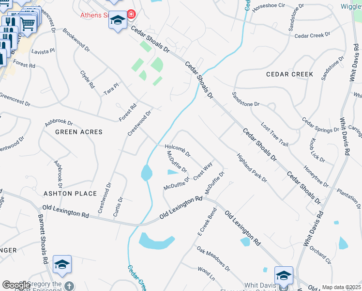 map of restaurants, bars, coffee shops, grocery stores, and more near 215 Holcomb Drive in Athens