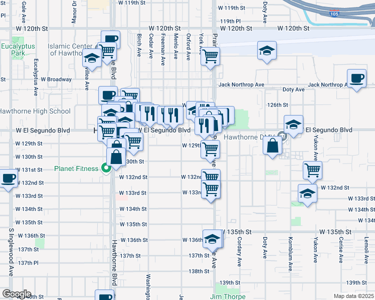 map of restaurants, bars, coffee shops, grocery stores, and more near 4088 West 129th Street in Hawthorne