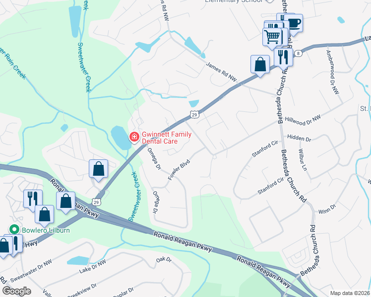 map of restaurants, bars, coffee shops, grocery stores, and more near 3363 Fernview Drive in Lawrenceville