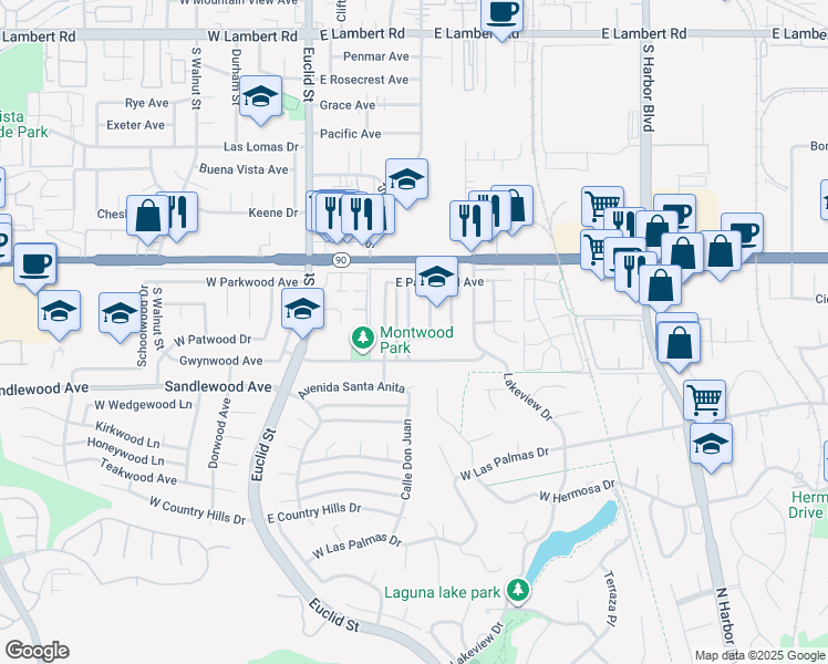 map of restaurants, bars, coffee shops, grocery stores, and more near 401 East Patwood Drive in La Habra