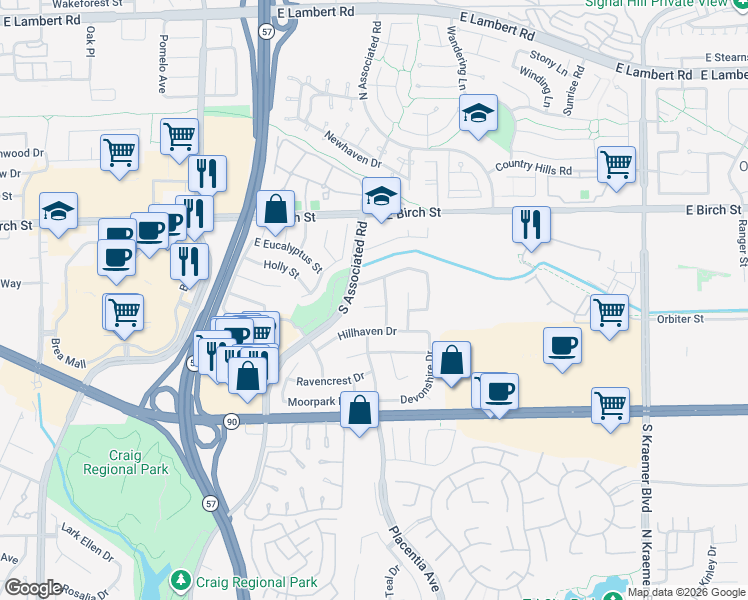 map of restaurants, bars, coffee shops, grocery stores, and more near 1975 Heather Circle in Brea