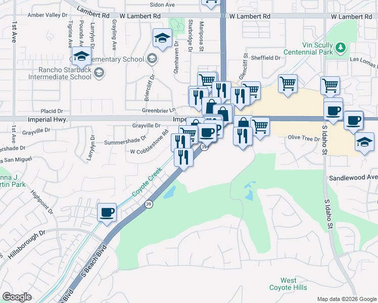 map of restaurants, bars, coffee shops, grocery stores, and more near 1301 South Beach Boulevard in La Habra