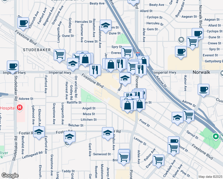 map of restaurants, bars, coffee shops, grocery stores, and more near 11625 Firestone Boulevard in Norwalk