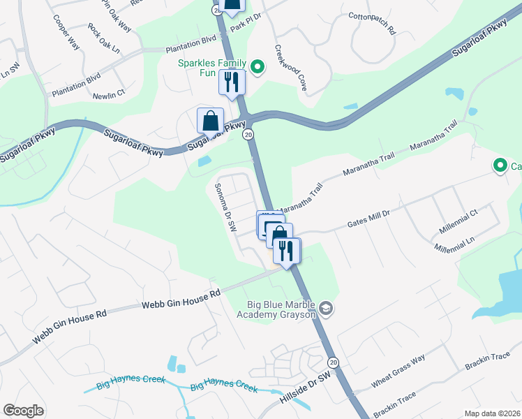 map of restaurants, bars, coffee shops, grocery stores, and more near 811 Sonoma Drive Southwest in Lawrenceville