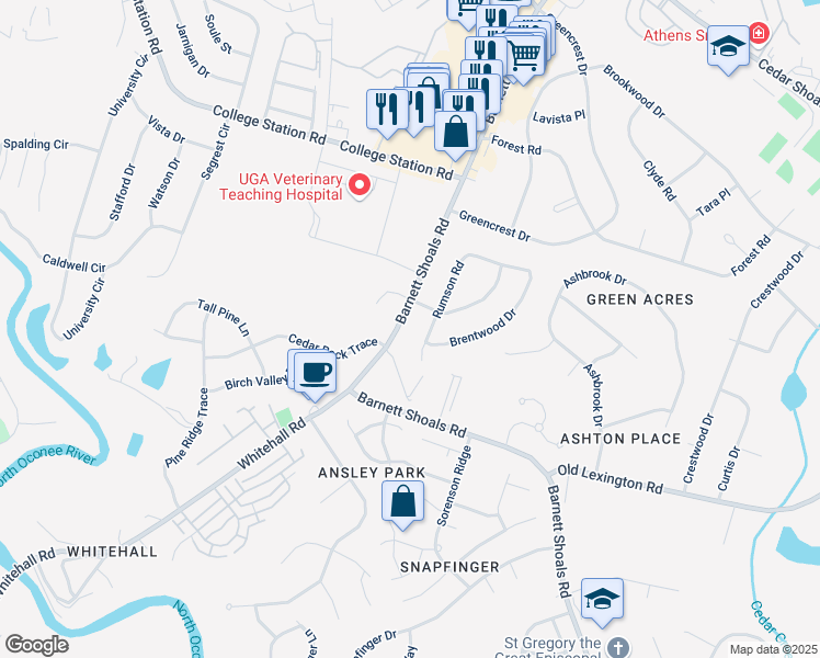 map of restaurants, bars, coffee shops, grocery stores, and more near 2685 South Barnett Shoals Road in Athens