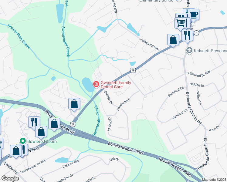 map of restaurants, bars, coffee shops, grocery stores, and more near 3457 Dianthus Lane Northwest in Lawrenceville