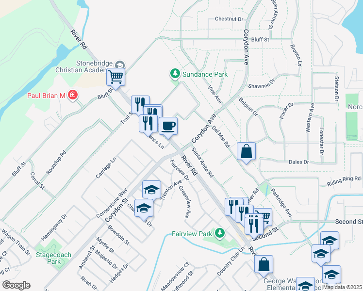 map of restaurants, bars, coffee shops, grocery stores, and more near 2324 Corydon Avenue in Norco