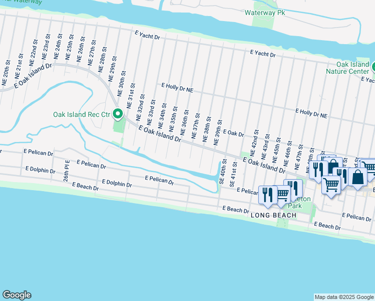 map of restaurants, bars, coffee shops, grocery stores, and more near 101 Southeast 37th Street in Oak Island