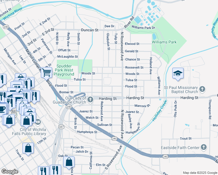 map of restaurants, bars, coffee shops, grocery stores, and more near 611 Flood Street in Wichita Falls
