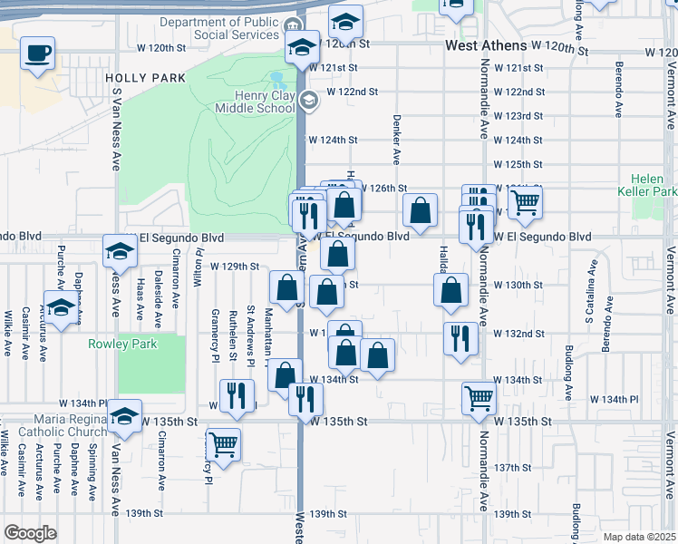 map of restaurants, bars, coffee shops, grocery stores, and more near 1735 West 130th Street in Gardena