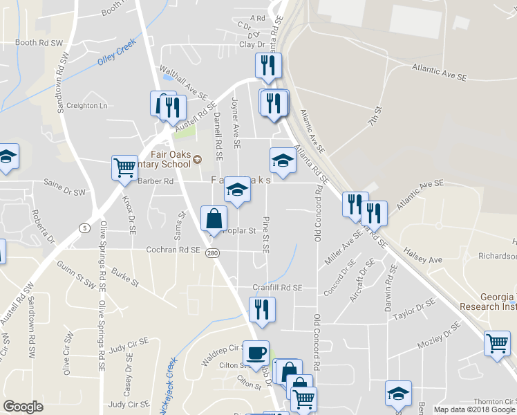 map of restaurants, bars, coffee shops, grocery stores, and more near 1562 Pine Street Southeast in Marietta