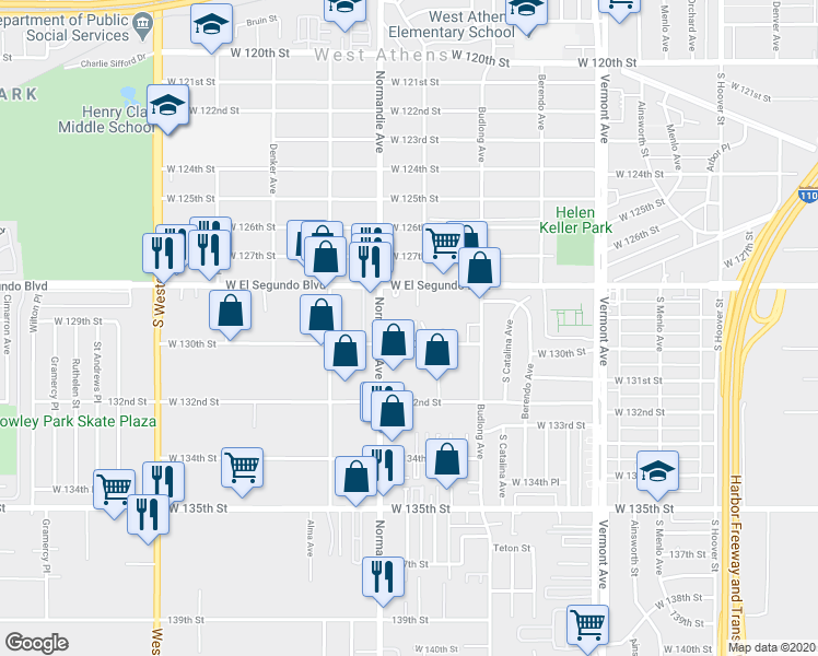 map of restaurants, bars, coffee shops, grocery stores, and more near 1315 West 130th Street in Gardena