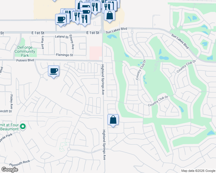 map of restaurants, bars, coffee shops, grocery stores, and more near 6376 Spyglass Avenue in Banning