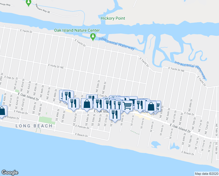 map of restaurants, bars, coffee shops, grocery stores, and more near 213 Northeast 57th Street in Oak Island