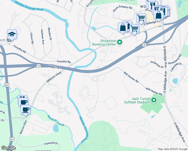 map of restaurants, bars, coffee shops, grocery stores, and more near 130 Betsy Lane in Athens