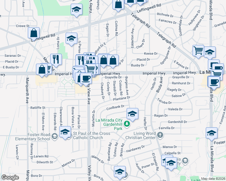 map of restaurants, bars, coffee shops, grocery stores, and more near 12809 Stanhill Drive in La Mirada