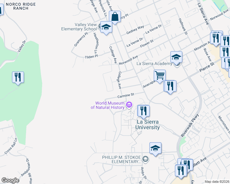 map of restaurants, bars, coffee shops, grocery stores, and more near 4973 Butler Drive in Riverside