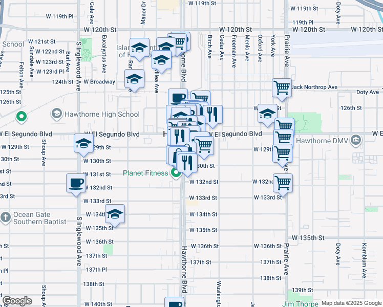 map of restaurants, bars, coffee shops, grocery stores, and more near 4370-4398 West 129th Street in Hawthorne