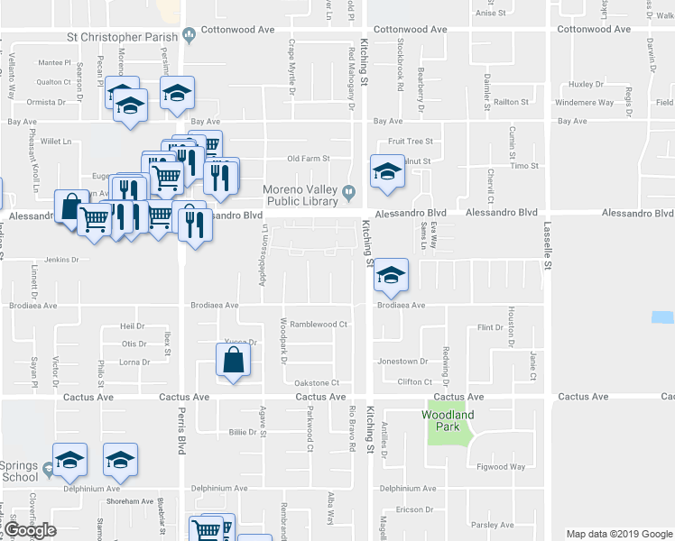 map of restaurants, bars, coffee shops, grocery stores, and more near 14160 High Noon Court in Moreno Valley