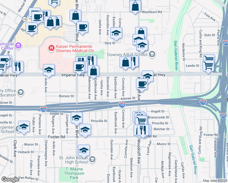 map of restaurants, bars, coffee shops, grocery stores, and more near 9922 Cheddar Street in Downey