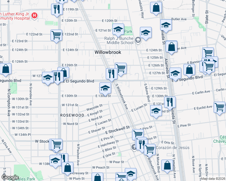 map of restaurants, bars, coffee shops, grocery stores, and more near 12907 South Willowbrook Avenue in Compton