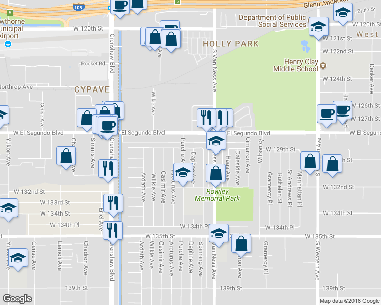 map of restaurants, bars, coffee shops, grocery stores, and more near 12915 Daphne Avenue in Gardena