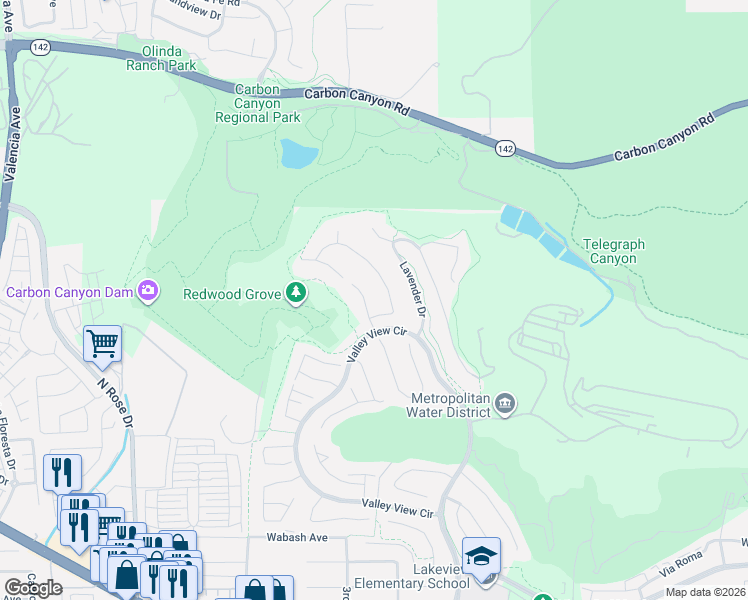 map of restaurants, bars, coffee shops, grocery stores, and more near 3316 Red Pine Road in Yorba Linda
