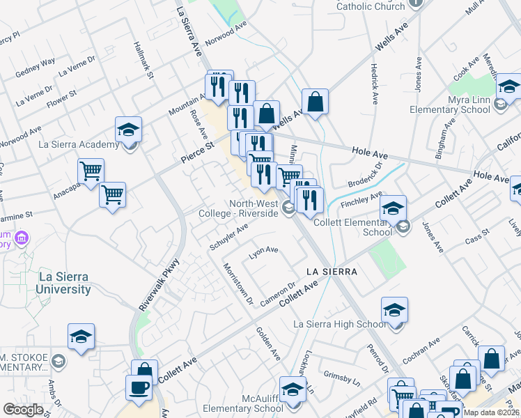 map of restaurants, bars, coffee shops, grocery stores, and more near 11146 Lakecreek Court in Riverside