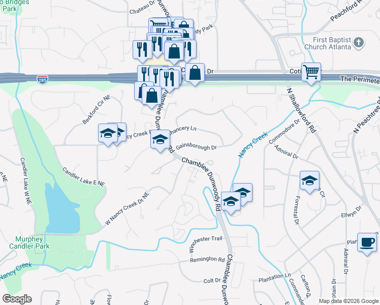 map of restaurants, bars, coffee shops, grocery stores, and more near 1841 Gainsborough Drive in Atlanta