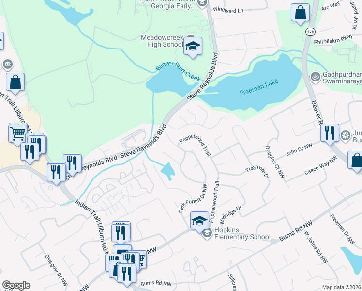 map of restaurants, bars, coffee shops, grocery stores, and more near 1139 Park Forest Drive Northwest in Lilburn