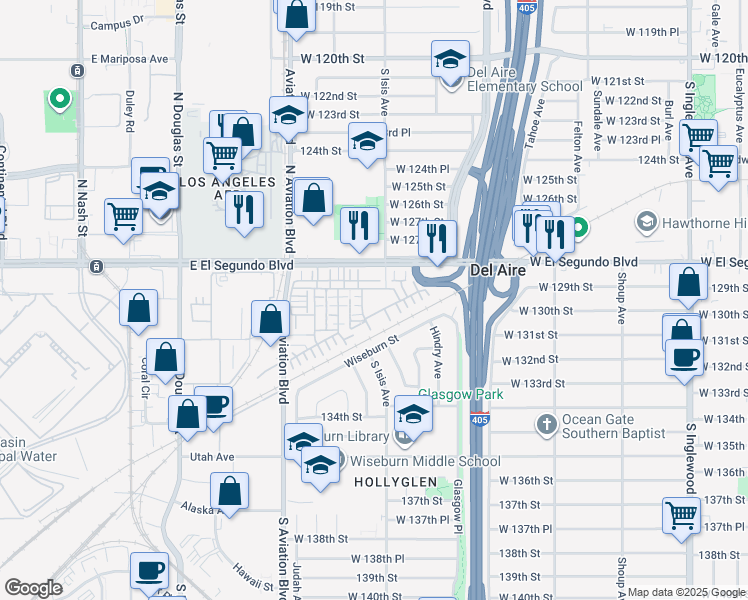 map of restaurants, bars, coffee shops, grocery stores, and more near 100111/2 Hawthorne Boulevard in Inglewood