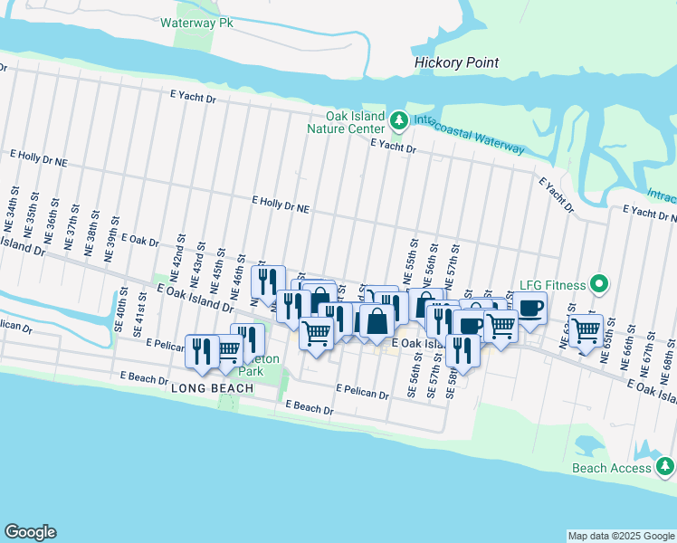 map of restaurants, bars, coffee shops, grocery stores, and more near 203 Northeast 51st Street in Oak Island