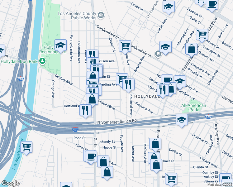 map of restaurants, bars, coffee shops, grocery stores, and more near 5786 Lincoln Avenue in South Gate