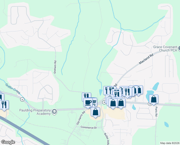 map of restaurants, bars, coffee shops, grocery stores, and more near 366 Coach Bobby Dodd Road in Dallas