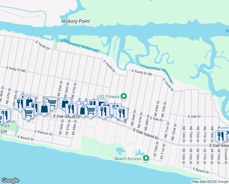 map of restaurants, bars, coffee shops, grocery stores, and more near 225 Northeast 63rd Street in Oak Island
