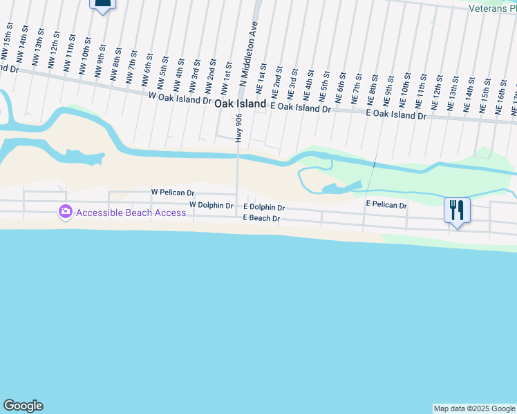 map of restaurants, bars, coffee shops, grocery stores, and more near 200 East Dolphin Drive in Oak Island