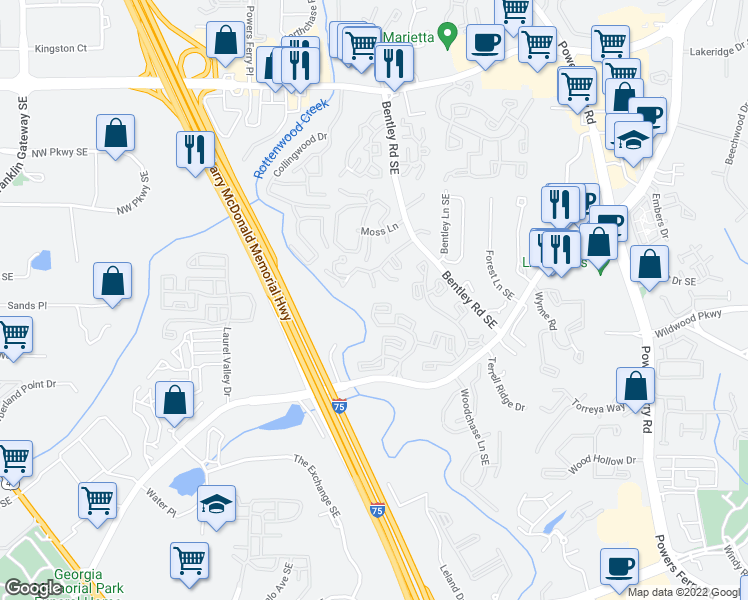 map of restaurants, bars, coffee shops, grocery stores, and more near 1637 Bridge Mill Drive in Marietta