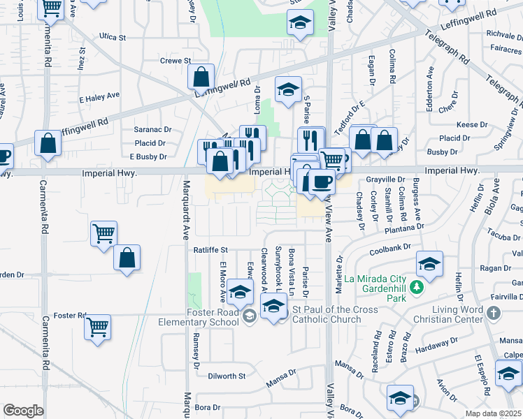 map of restaurants, bars, coffee shops, grocery stores, and more near 14007 Lake Crest Drive in La Mirada