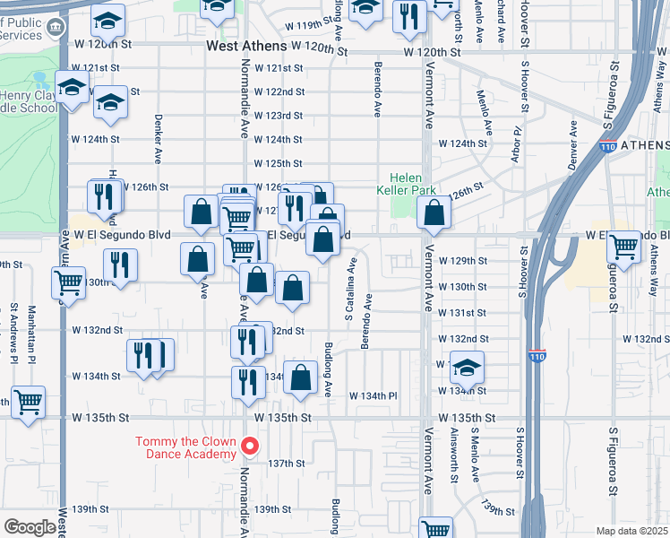 map of restaurants, bars, coffee shops, grocery stores, and more near 12932 Budlong Avenue in Gardena