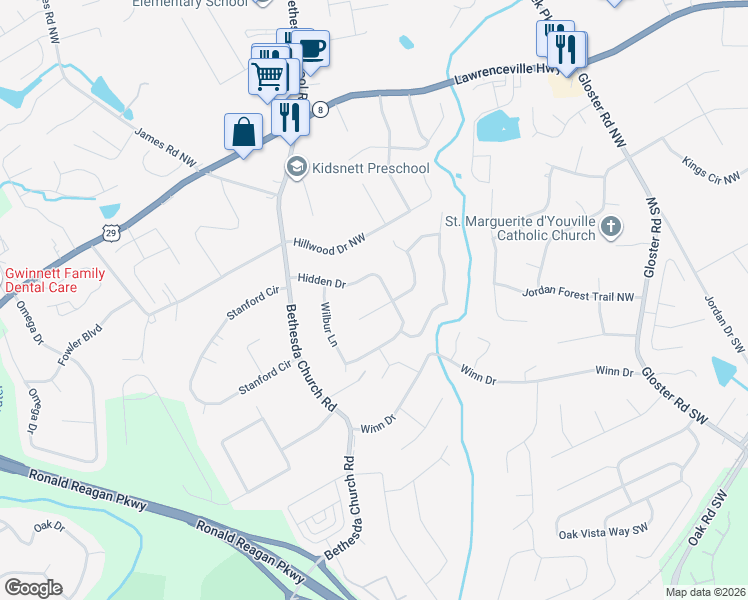 map of restaurants, bars, coffee shops, grocery stores, and more near 3043 Howell Court Northwest in Lawrenceville