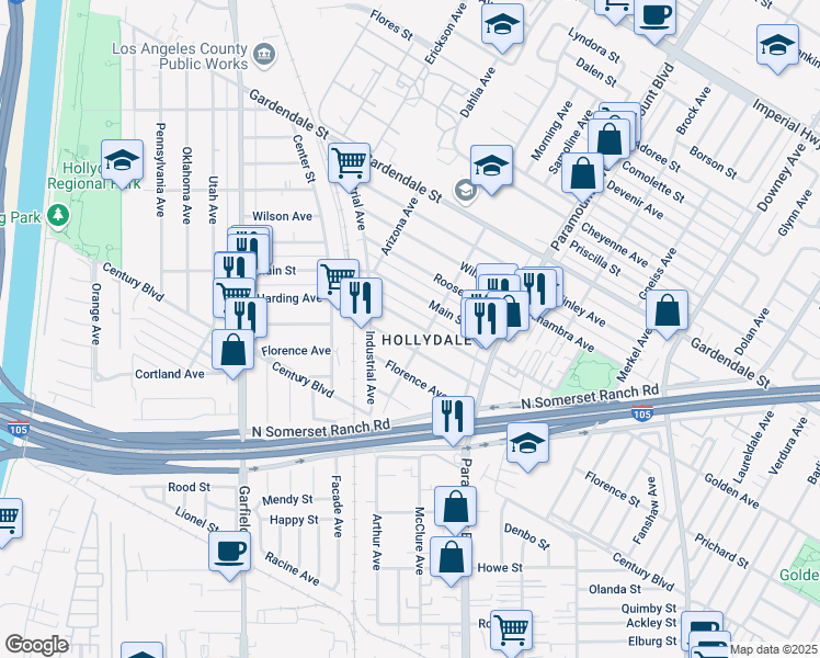 map of restaurants, bars, coffee shops, grocery stores, and more near 6054 Harding Avenue in South Gate