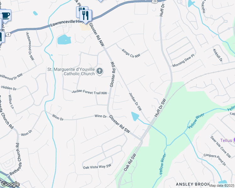 map of restaurants, bars, coffee shops, grocery stores, and more near 2787 Mamie Lane in Lawrenceville