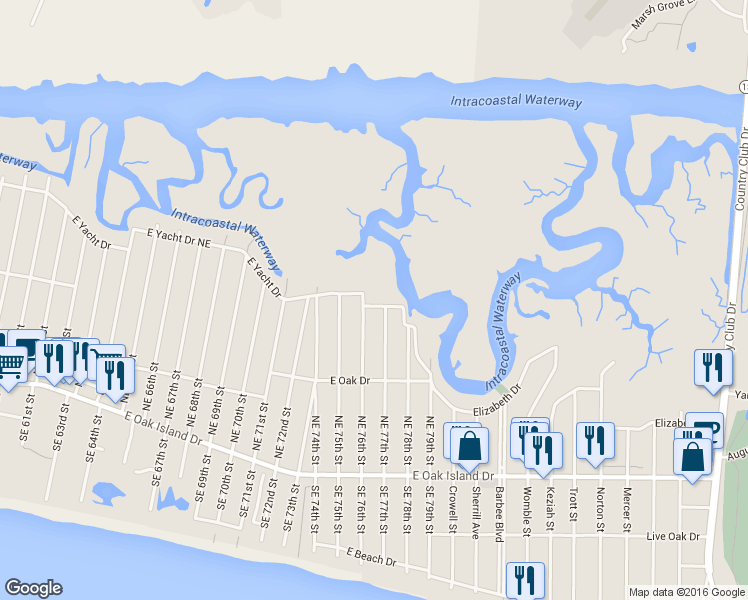 map of restaurants, bars, coffee shops, grocery stores, and more near 7602 East Yacht Drive in Oak Island