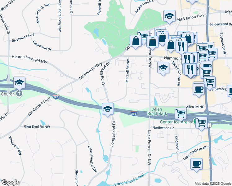 map of restaurants, bars, coffee shops, grocery stores, and more near 5800 Mitchell Road Northwest in Atlanta