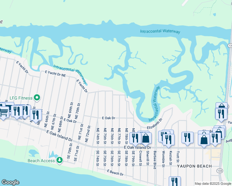 map of restaurants, bars, coffee shops, grocery stores, and more near 7602 East Yacht Drive in Oak Island